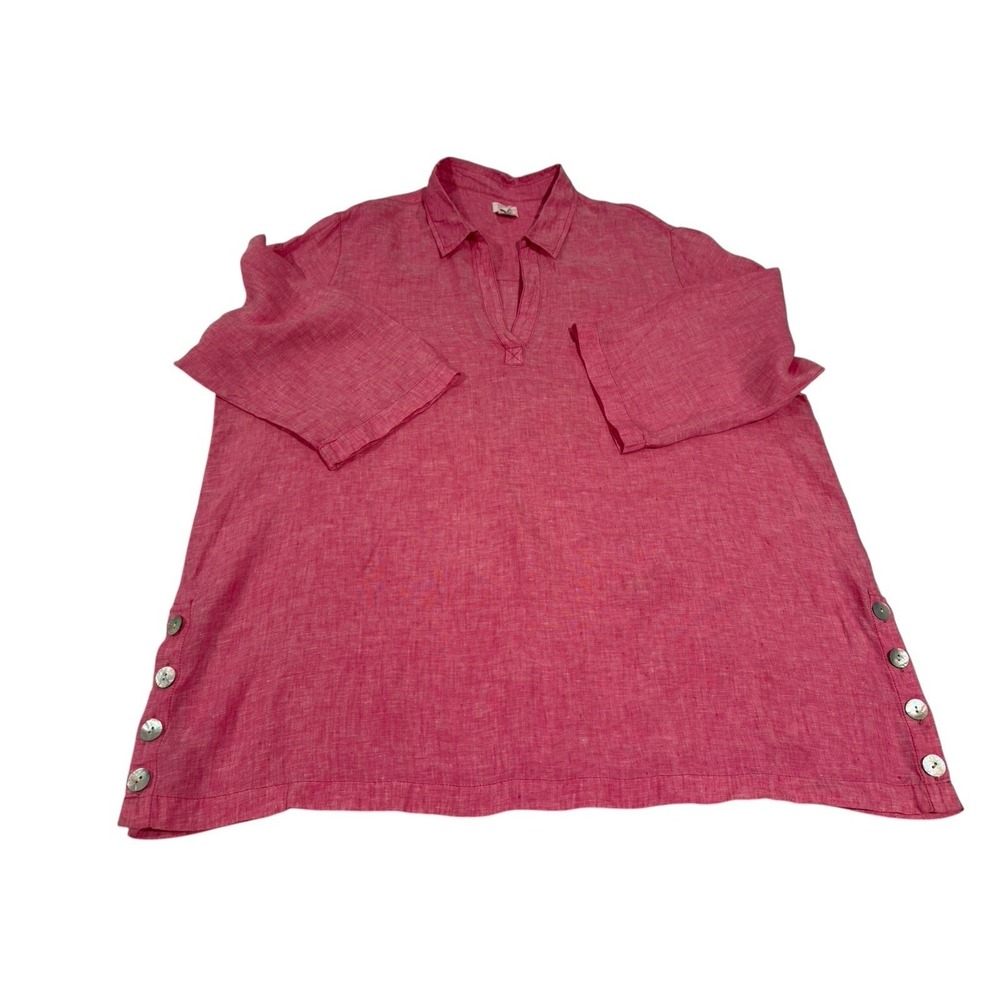 SIGRID OLSEN 2X 100% Linen Pink Blouse 3/4 Sleeve Wood‎ Buttons TOP